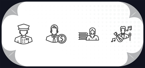 outline icons set - professions concept. concierge, accountant, librarian, musician.