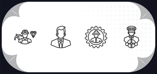 outline icons set - professions concept. miner, businessman, mechanical engineer, driver.