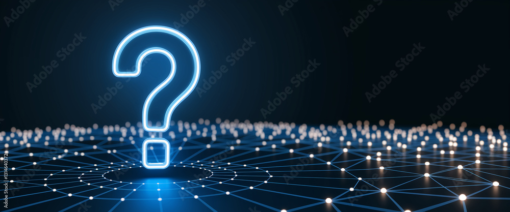 Poster glowing neon large question mark on a dark, network-like background, symbolizing inquiry, knowledge,