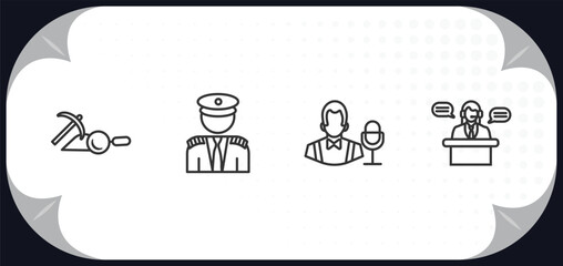 outline icons set - professions concept. archeologist, captain, showman, secretary.