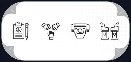 outline icons set - political concept. peace treaty, unity, supporter, debate.