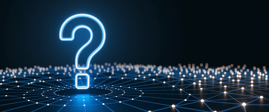 Glowing neon large question mark on a dark, network-like background, symbolizing inquiry, knowledge, and digital connection, ideal for technology or FAQ concepts