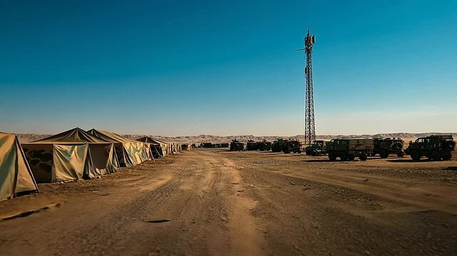 A close-up of a rugged desert military base with camouflaged tents, military vehicles parked in neat rows, and a tall communication tower reaching into the clear blue sky, symboliz
