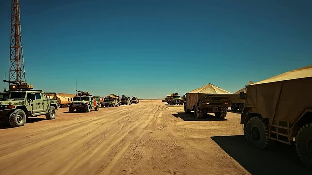 A close-up of a rugged desert military base with camouflaged tents, military vehicles parked in neat rows, and a tall communication tower reaching into the clear blue sky, symboliz
