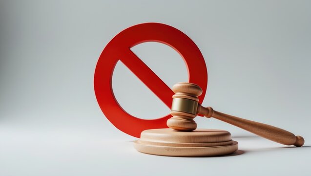 Judge's gavel and NO symbol. The idea of prohibitive and restrictive laws. Prohibitions and criminalization, repression, limitation of freedoms and rights.