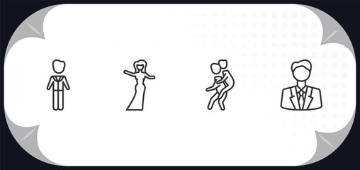 outline icons set - people concept. ceo man, bridesmaids, give a piggy back ride, business suit.