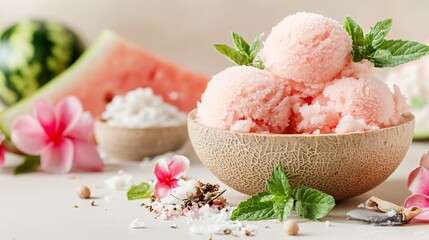 Refreshing Watermelon Sorbet with Mint Leaves and Edible Flowers in a Natural Bowl Setting
