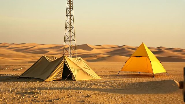 Close-up of a tan military truck loaded with supplies parked next to a desert tent, with a tall communication tower visible against the golden dunes in the distance.
