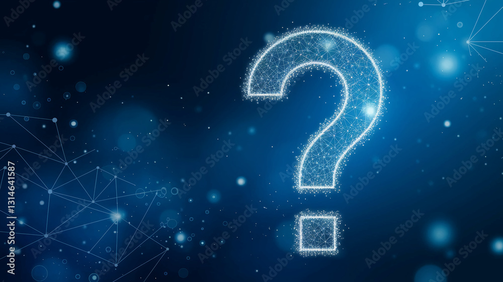 Poster glowing large question mark, polygonal style, on dark-blue bokeh background, symbolizing inquiry, un