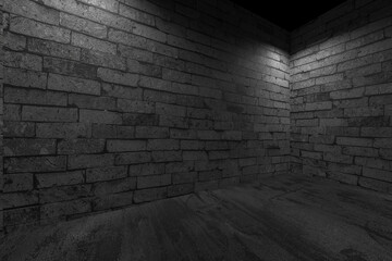 Dark stone wall interior with dramatic lighting for architectural design. 3d render