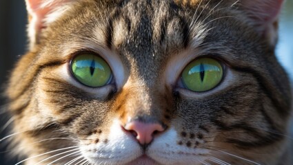 Cat's face with green eyes. Positioned in front of the sun, showcasing natural color and sunlight. A brown and white cat.