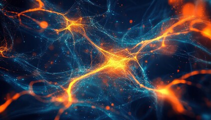 Abstract neural network illustration with glowing orange and blue connections on a dark background, representing technology and innovation in digital art.