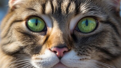 Cat's face, green eyes. In front of the sun, natural lighting, sunlight. Brown and white cat.
