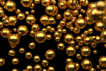 Golden spheres floating in dark space for modern design and decoration. 3d render