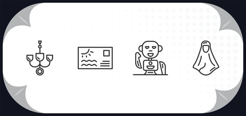 outline icons set - other concept. chandeliers, sea business card, robot of japan, araba woman.