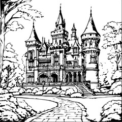 Obraz premium gothic house, city, town, vector, building, illustration, cartoon, street, architecture, castle, old, home, urban, design, art, sketch, drawing, travel, vintage, tree, europe, seamless, village, roof,