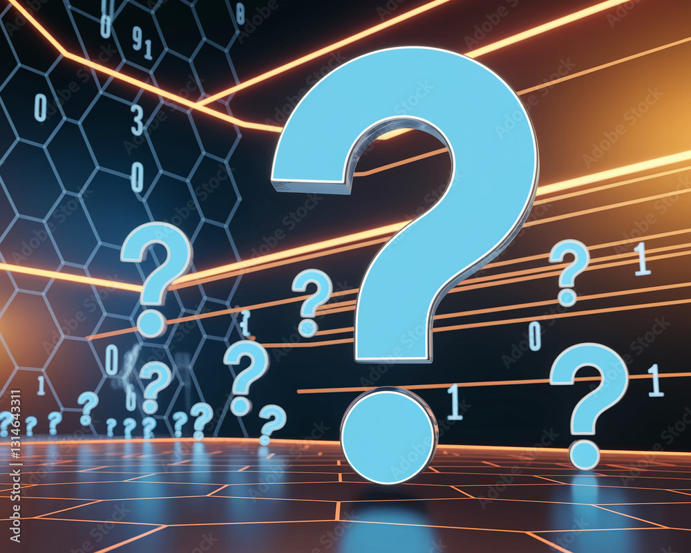 Aufkleber Large light-blue large question mark on dark grid background with smaller question marks, showcasing uncertainty, inquiry, or problem-solving concept