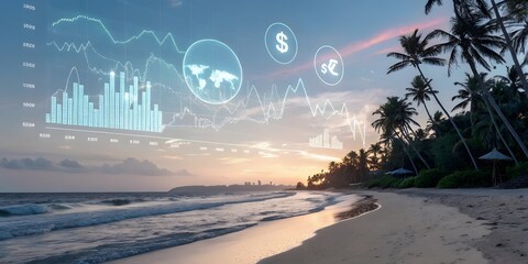 Business Growth Concept on Serene Beach with Charts and Graphs