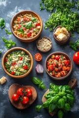 Rustic Italian Feast Featuring Pasta Pesto Salad Tomatoes Basil and Parmesan in Wooden Bowls on Dark Tabletop