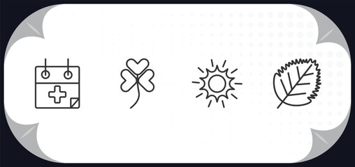 outline icons set - nature concept. treatments, trifoliate ternate, shining sun with rays, birch leaf.