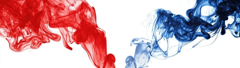 Red and blue ink swirls merge; white background; abstract art; design element