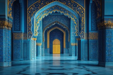 Majestic Blue Mosque Interior: Ornate Arches and Golden Door