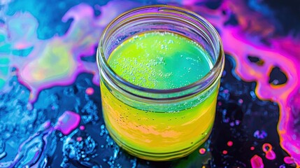 Luminous Green Liquid in a Round Jar with Colorful Background and Bubbles for Creative Projects and Designs