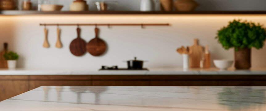 Clean marble countertop, blurred kitchen background showcases cooking utensils and plants, ideal for product placement or recipe display, creating a minimalist and modern kitchen scene