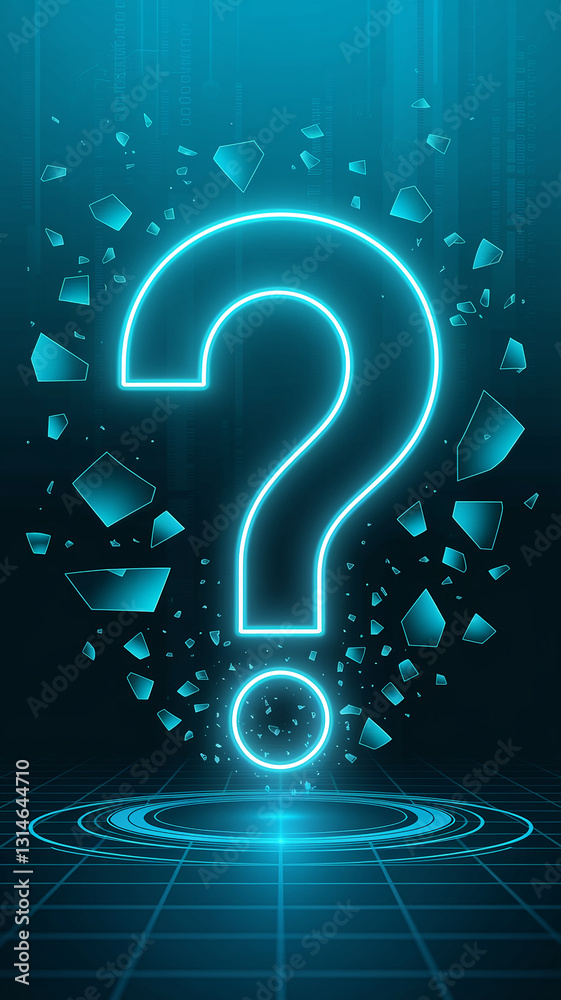 Poster Glowing neon large question mark, fragments exploding from its base, set against a dark blue grid background, symbolizing mystery, inquiry, or technological innovation