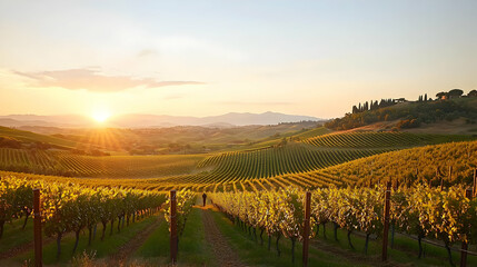 Fototapeta premium Golden Sunrise Over Rolling Hills Vineyard In Tuscany Italy Scenic Landscape At Golden Hour With Warm Sunlight Illuminating The Lush Green Grapevines