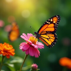 Fototapeta premium Close-up of monarch butterflies fluttering around a garden, garden, beautiful, wildlife