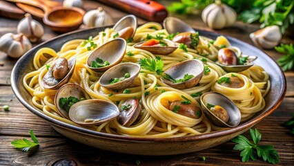 Fresh Spaghetti Alle Vongole with Clams and Garlic on Wooden Table