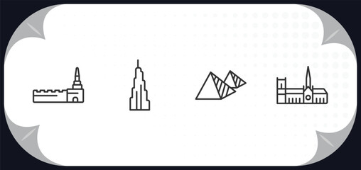 outline icons set - monuments concept. moscow, , egyptian, notre dame cathedral.