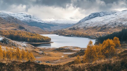 Obraz premium Stunning Scottish Highlands Landscape with Autumn Colors and Snow-Capped Mountains