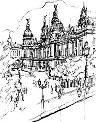 Obraz premium barcelona, coloring page, architecture, arch, building, corridor, stone, column, europe, ancient, arches, arcade, interior, church, abbey, old, arc, medieval, cloister, italy, light, monastery, archwa