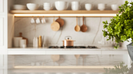Clean marble countertop, blurred kitchen background showcasing modern appliances and wooden accents, ideal for product placement or culinary themed designs, free space