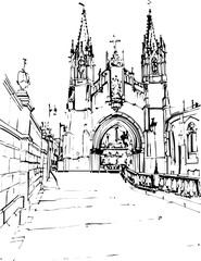 Fototapeta premium barcelona, coloring page, architecture, arch, building, corridor, stone, column, europe, ancient, arches, arcade, interior, church, abbey, old, arc, medieval, cloister, italy, light, monastery, archwa