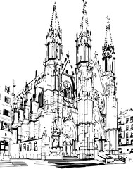 Naklejka premium barcelona, coloring page, architecture, arch, building, corridor, stone, column, europe, ancient, arches, arcade, interior, church, abbey, old, arc, medieval, cloister, italy, light, monastery, archwa