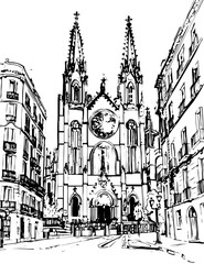 Fototapeta premium barcelona, coloring page, architecture, arch, building, corridor, stone, column, europe, ancient, arches, arcade, interior, church, abbey, old, arc, medieval, cloister, italy, light, monastery, archwa