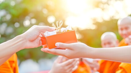 At sunrise, Buddhist monks in saffron robes receive food offerings from local vendors in a traditional Thai market, the warm morning light creating a vibrant, spiritual atmosphere
