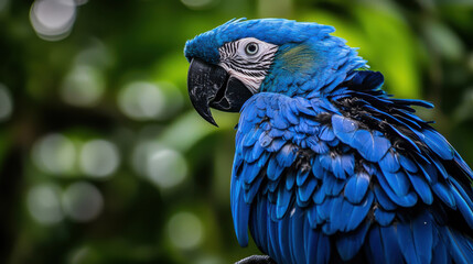 Fototapeta premium Vibrant blue macaw in lush amazon rainforest wildlife photography close-up nature colorful feathers