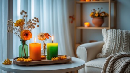 Burning candles with autumn decoration on a white table.