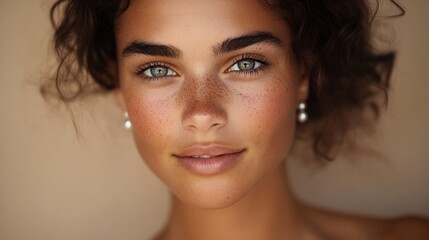 Naklejka premium close-up portrait of woman with pearl earrings and soft smile