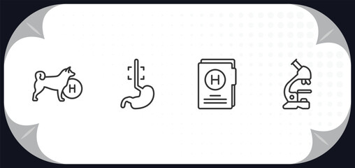 outline icons set - medical concept. canine, esophagus, medical results folders, microscope tool.