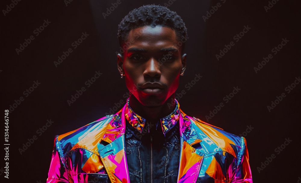 Poster man in a colorful suit is standing in front of a black background. the man is wearing a colorful jac