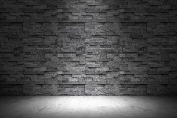 Dark textured stone wall background with subtle lighting. 3d render