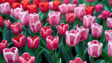 Fototapeta premium Bunch of red tulips. Close-up of spring flowers. Stunning pink and red tulips flourishing in the garden. Tulip flower plants landscape.