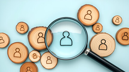 Magnifying glass over wooden disks with people icons on light blue background.