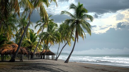 Obraz premium Tropical beach huts at sunset, cloudy sky, Caribbean