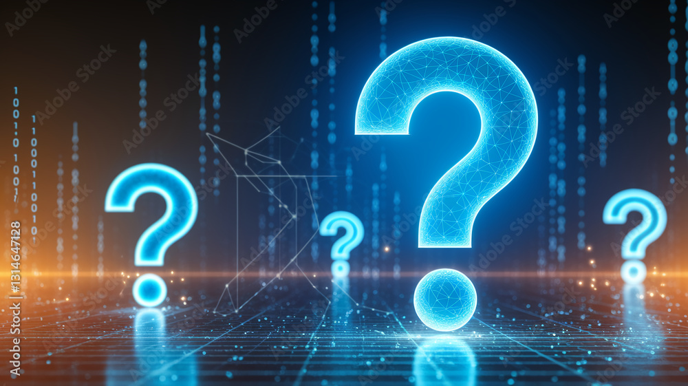 Aufkleber Glowing blue large question marks on a digital grid background, symbolizing inquiry, uncertainty, and the search for knowledge in a technological context
